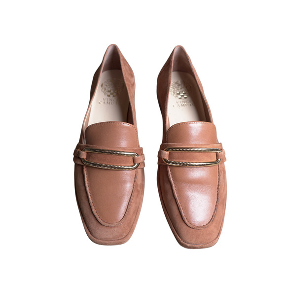 Vince Camuto Suede Women’s Henchila Warm Caramel & Gold Loafer Flats Size 7M - Picture 2 of 7